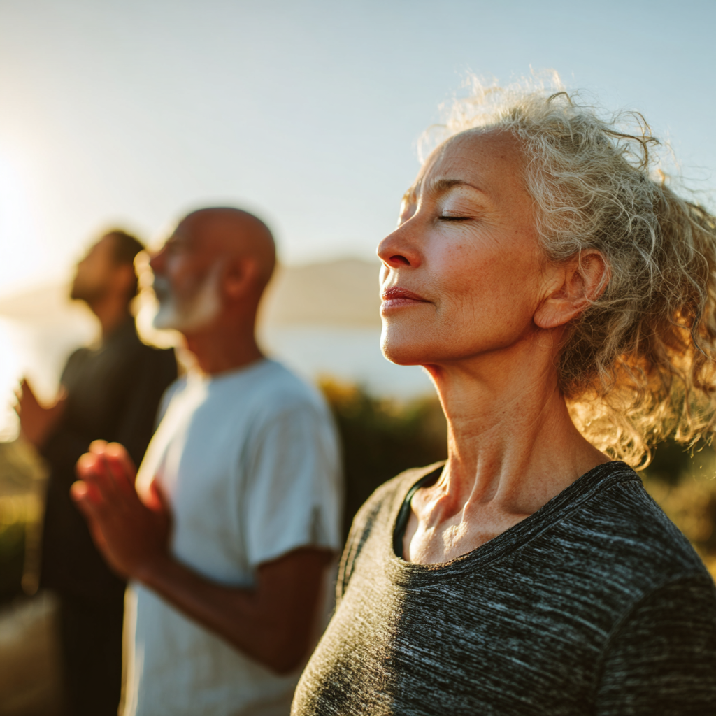 Middle-aged adults practicing gentle wellness routines in natural setting