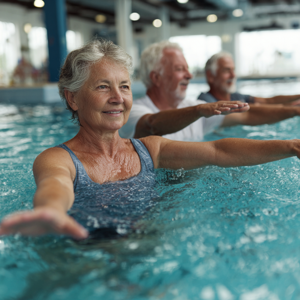 Older adults engaged in gentle water exercises and stretching routines
